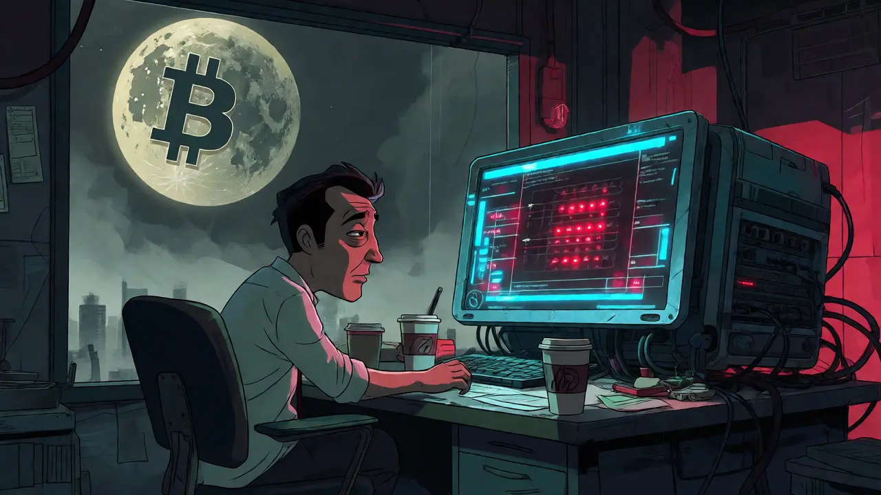 Exhausted investor at a desk with a holographic AI dashboard in a dark cyberpunk room.