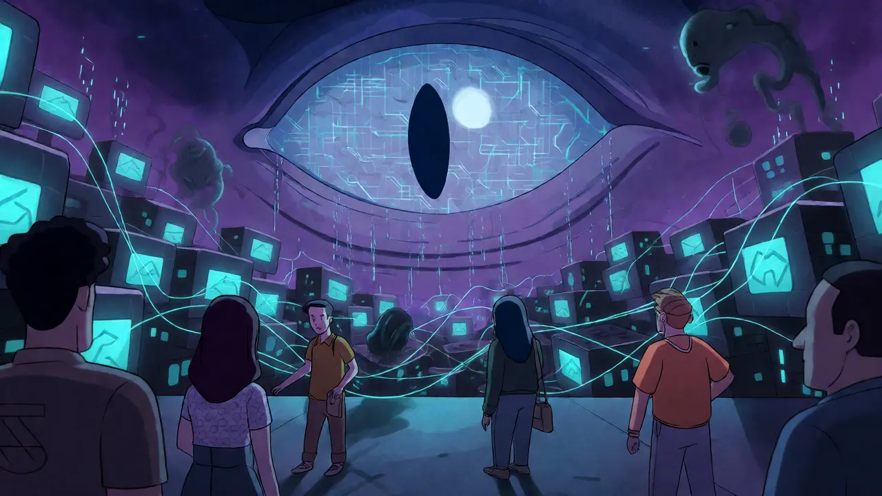 Giant digital eye surveilling a crypto wallet city
