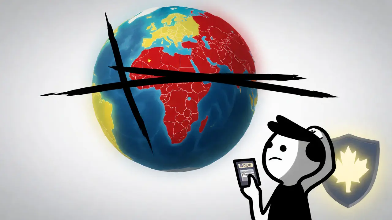 Globe with restricted regions crossed out, highlighting global access limitations for traders.