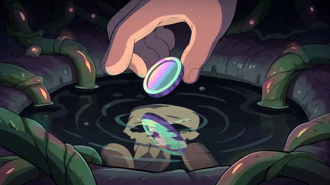 Hand reaching for a rainbow coin over a dark pool reflecting a skull, symbolizing airdrop scams.