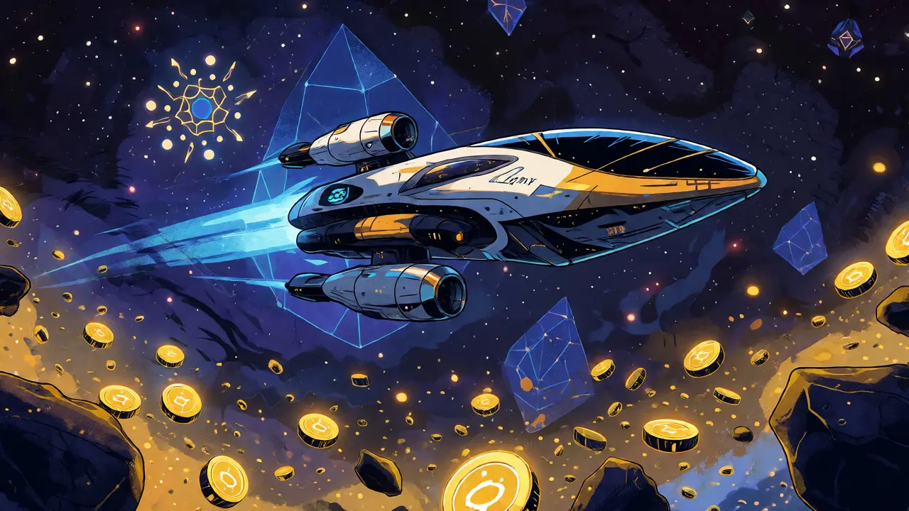 Interstellar spaceship navigating a cosmos of floating crypto tokens
