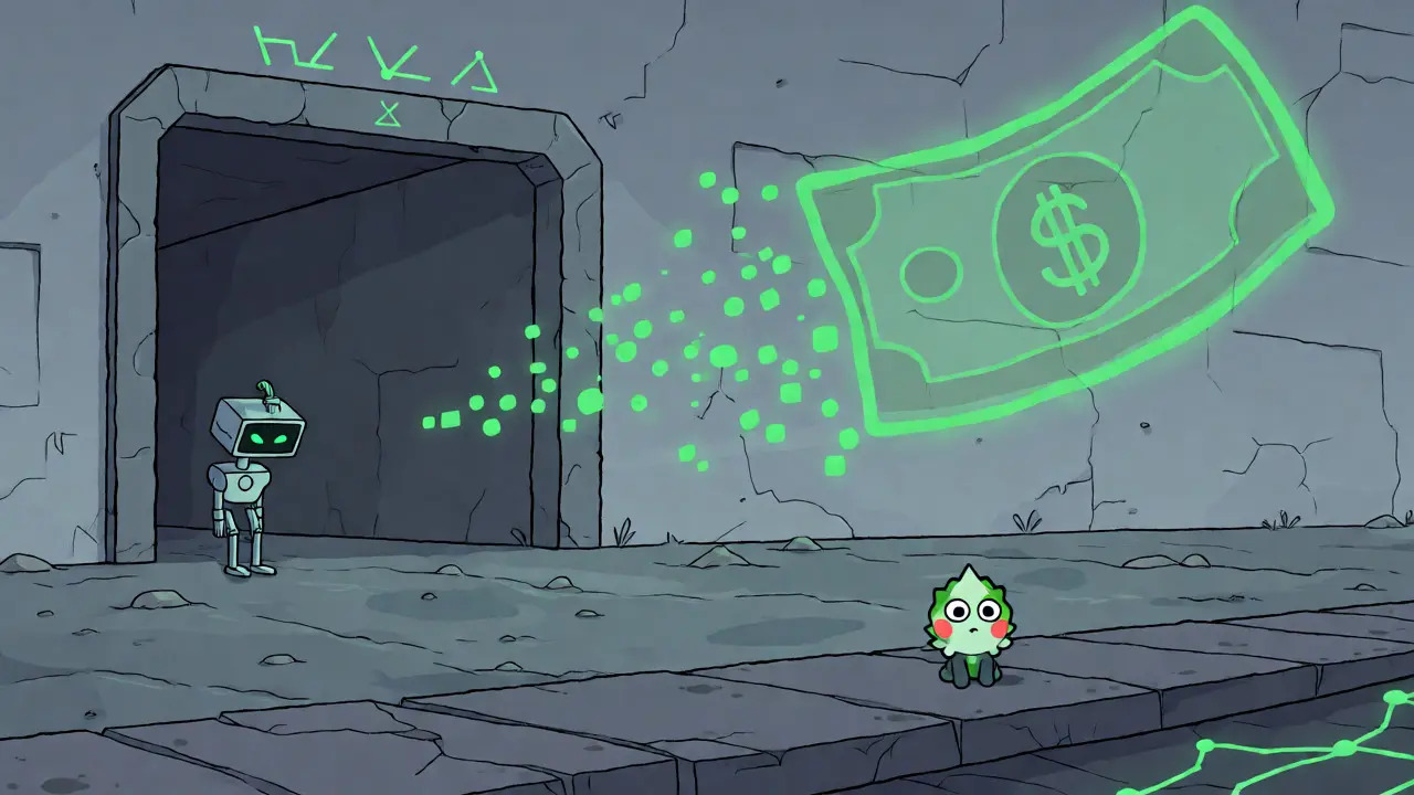 Lonely trading bot and ghost dollar in cyberpunk desert