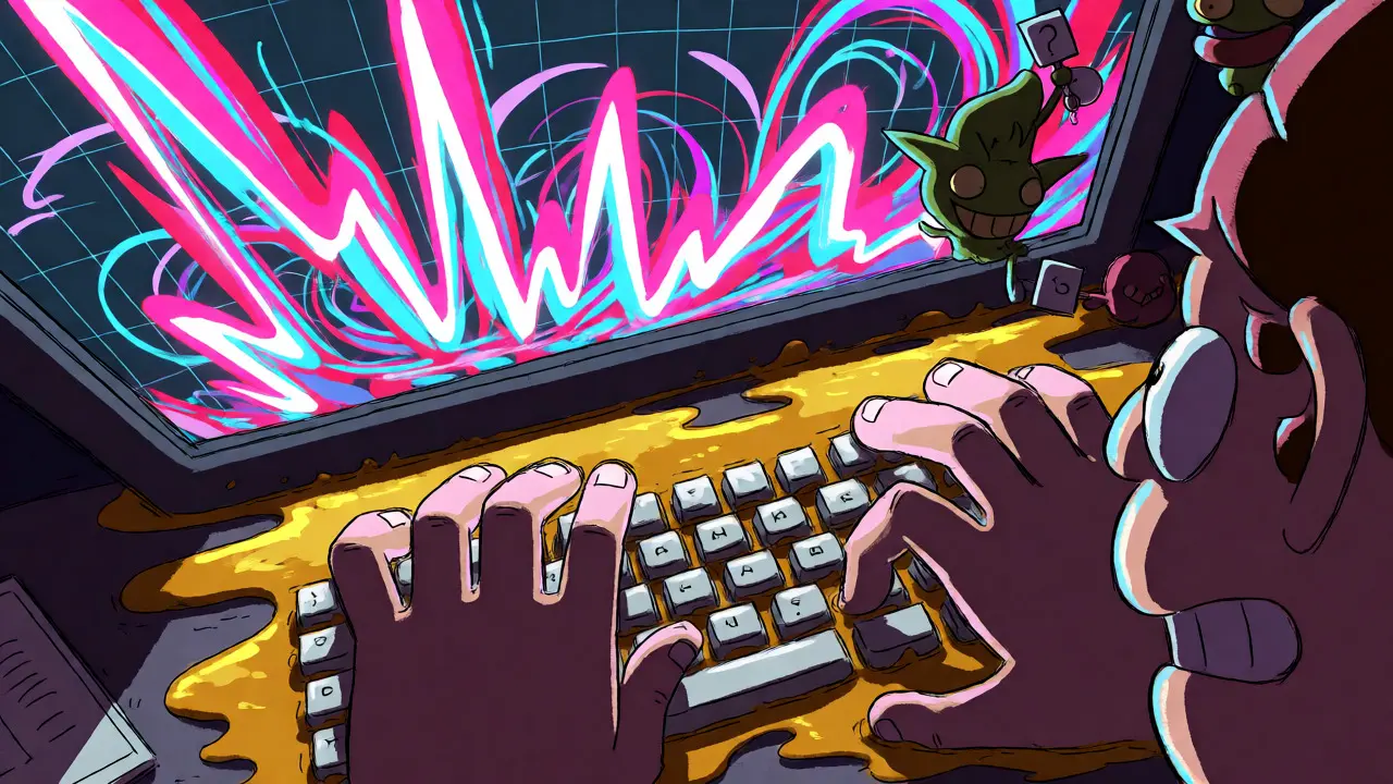 Melting keyboard and volatile charts in Adult Swim style art