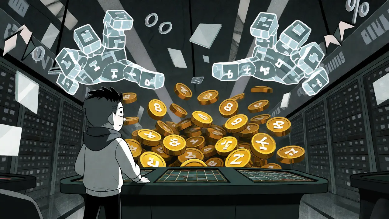 Nervous trader facing a vortex of coins and blockchain blocks in a chaotic casino setting.