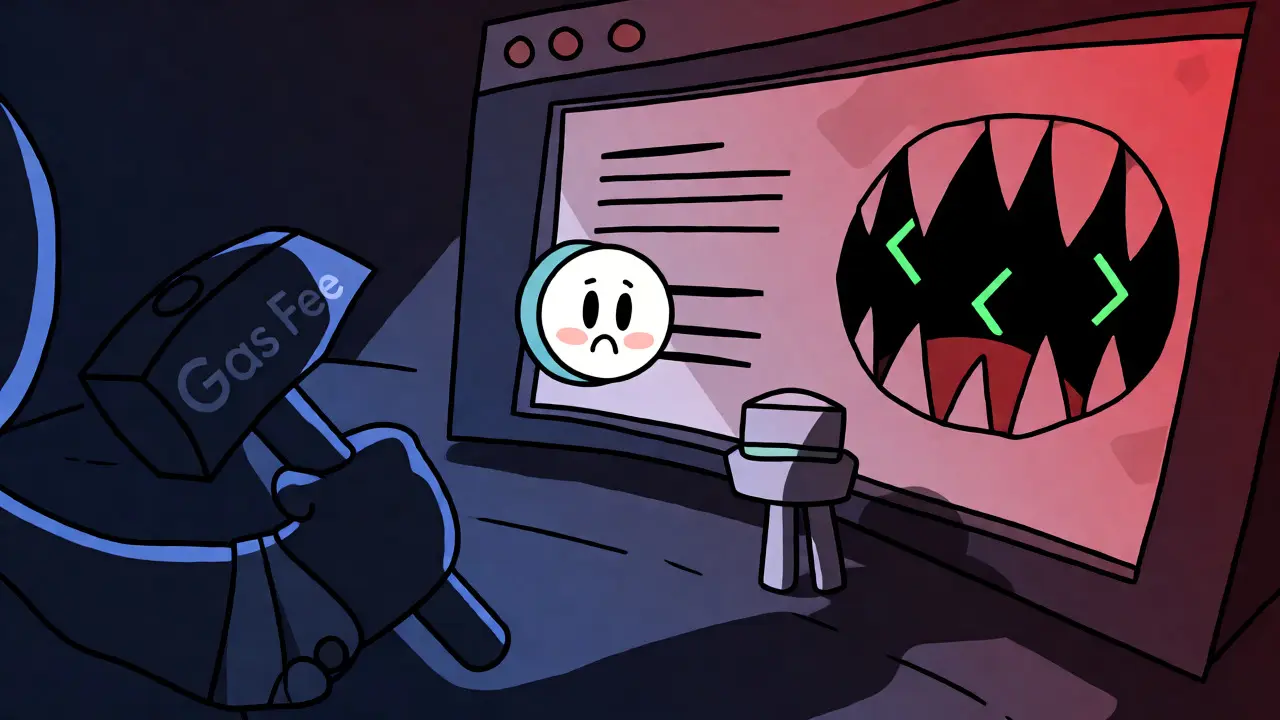Noir-style cartoon illustration of a wallet avatar approaching a phishing trap disguised as a friendly token.