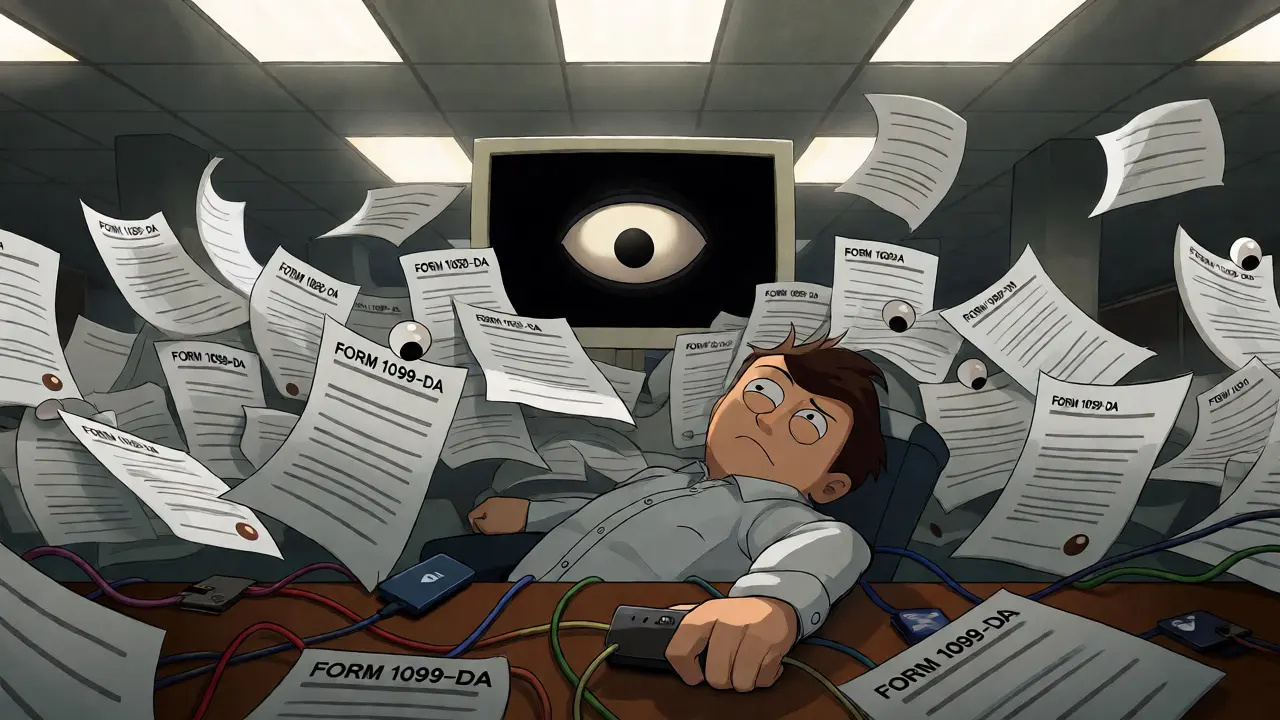 Person overwhelmed by IRS forms and wallet tracking requirements.