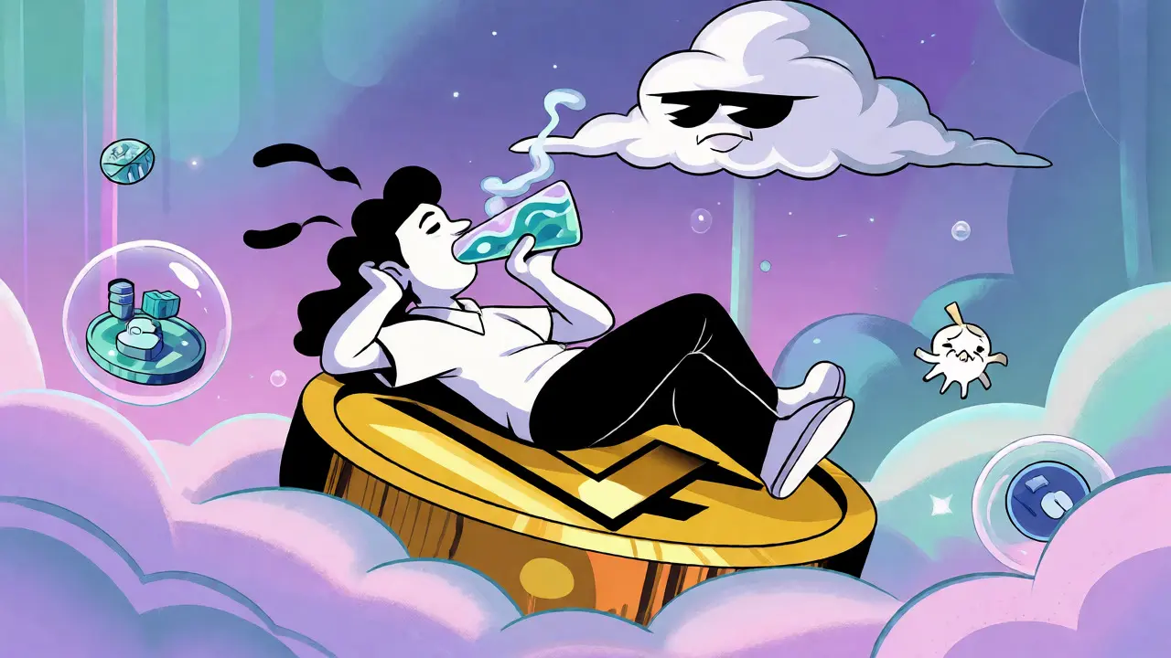 Relaxed cartoon character earning passive yield on Vertex