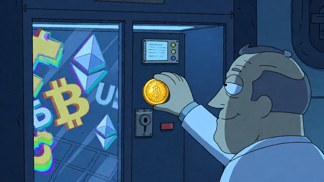 Scientist locking a digital Kyat in a vault while crypto symbols watch from outside.