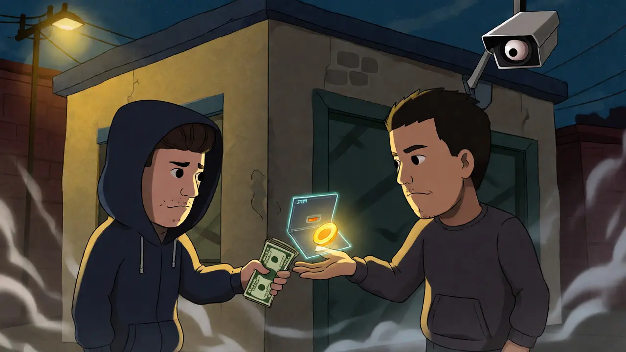 Secretive peer-to-peer crypto trade exchanging cash for digital coins in an alley