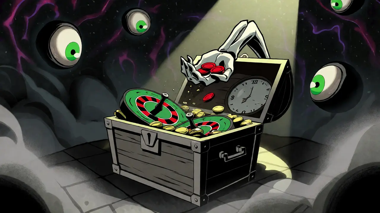 Skeletal hand grabbing tokens from a treasure chest that turn to dust in a dark void.