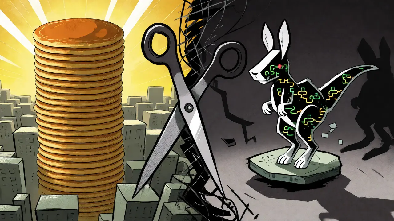 Split scene contrasting a giant golden pancake tower with a small, precarious kangaroo figure.