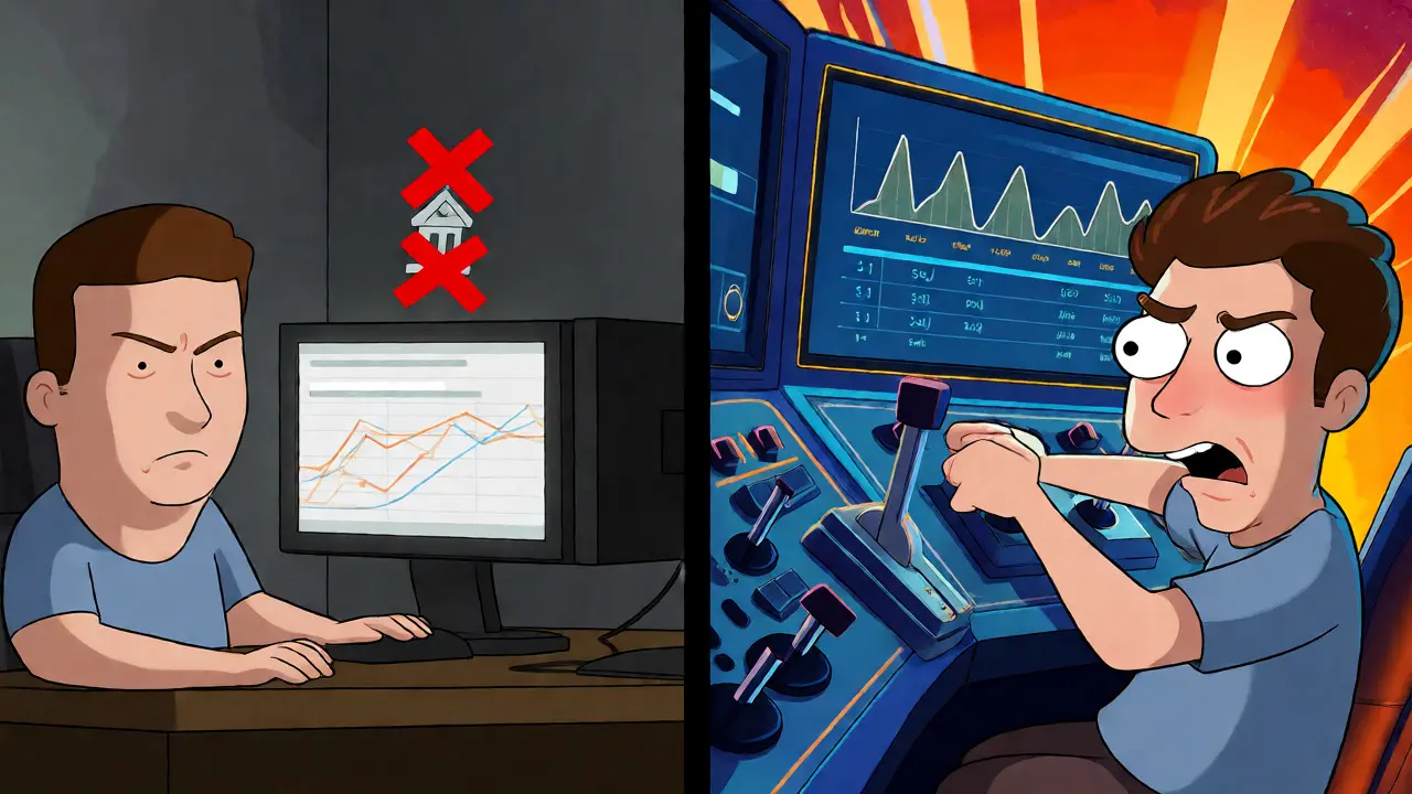 Split scene showing frustration with fiat limits versus excitement of leveraged trading.