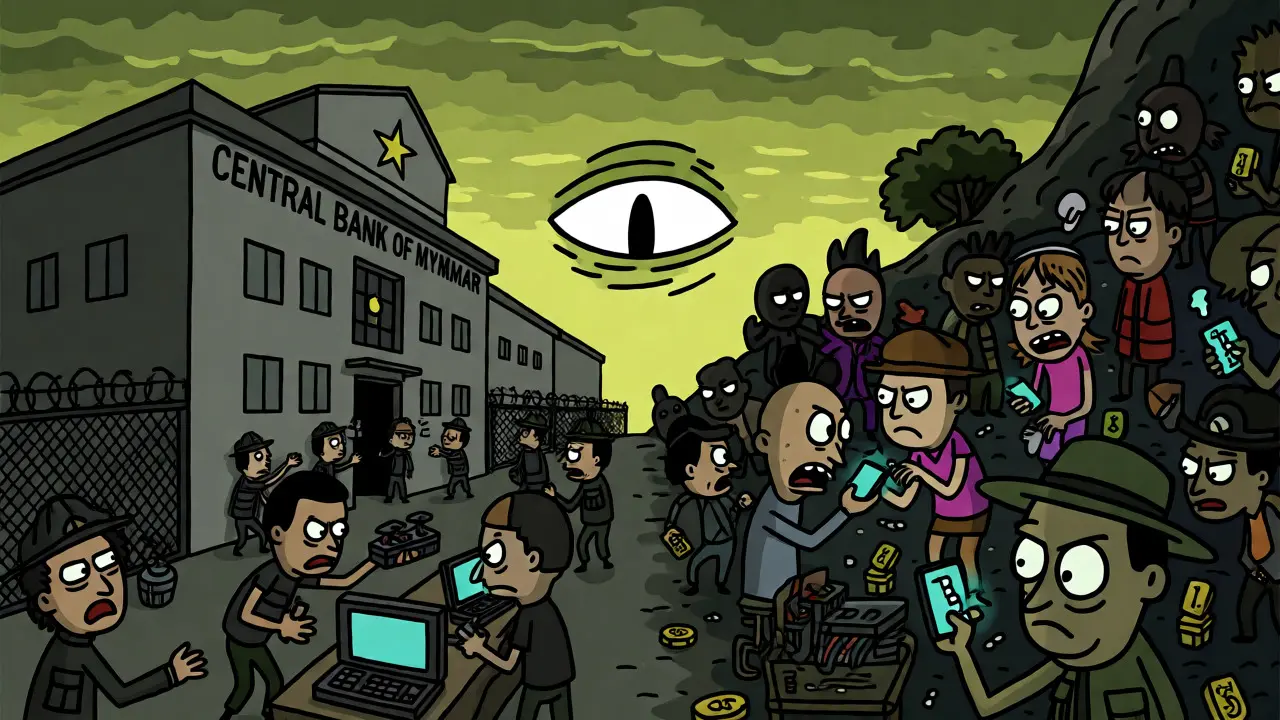 Split scene showing government crackdown on mining versus underground crypto trading.