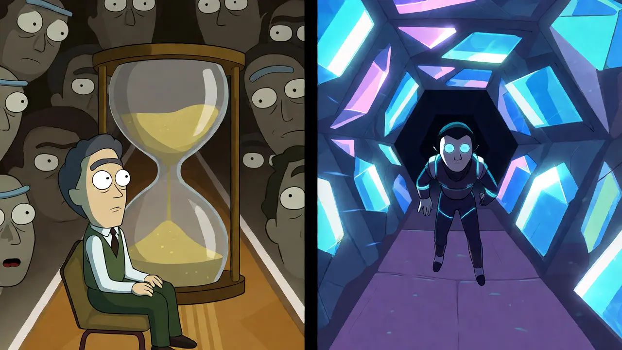 Split scene showing slow optimistic rollup wait versus instant ZK-rollup speed in cartoon style.