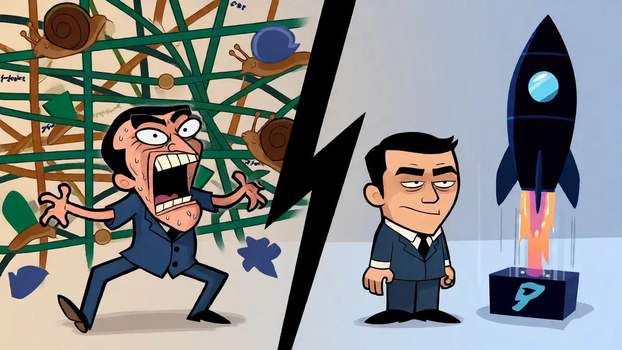 Split-screen cartoon contrasting slow global banking with fast Bitcoiva transactions