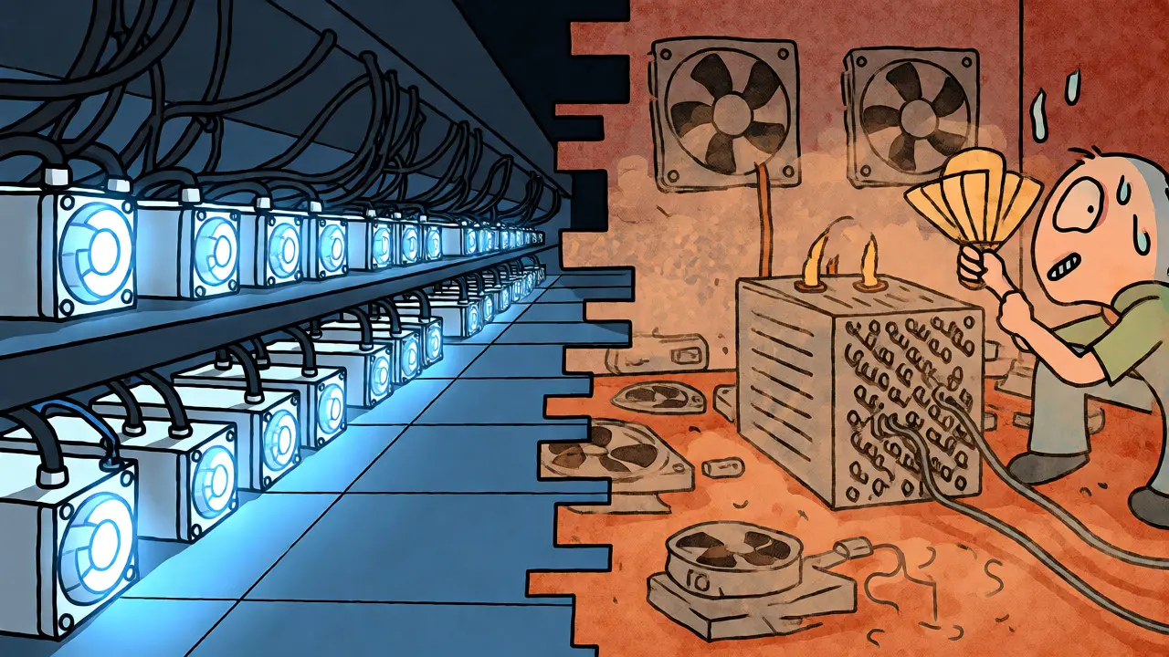 Split screen comparing a clean data center with a hot, dusty home mining rig.