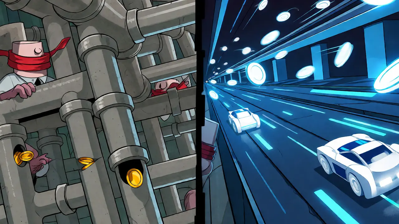 Split screen comparing slow bank mazes to fast blockchain payment highways.