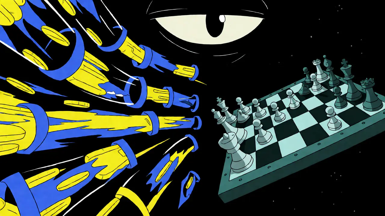 Split screen showing fast coin tubes versus a slow chess match in a dark void.