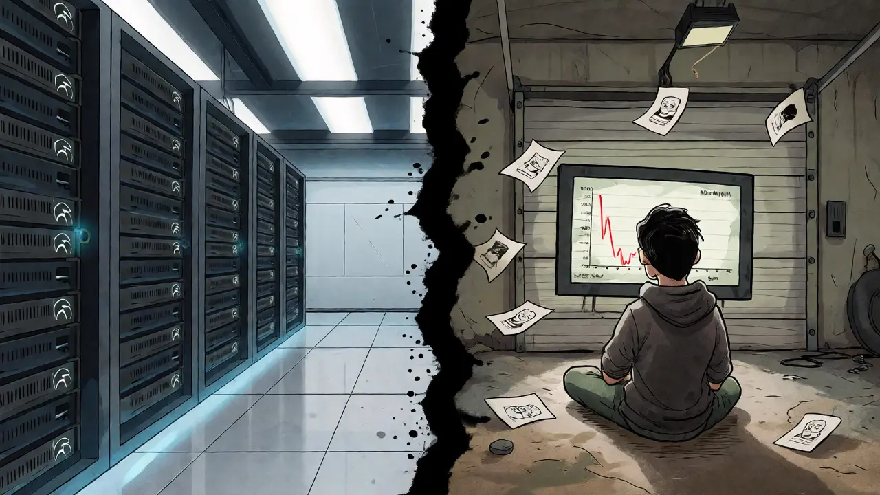 Split view of futuristic servers versus an abandoned garage with a flatline graph.