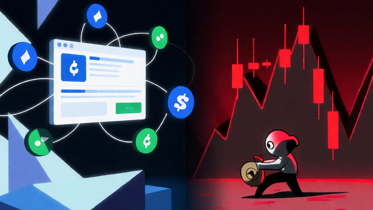 Split view of sleek DeFi interfaces versus a chaotic landscape of crashing red candlesticks.