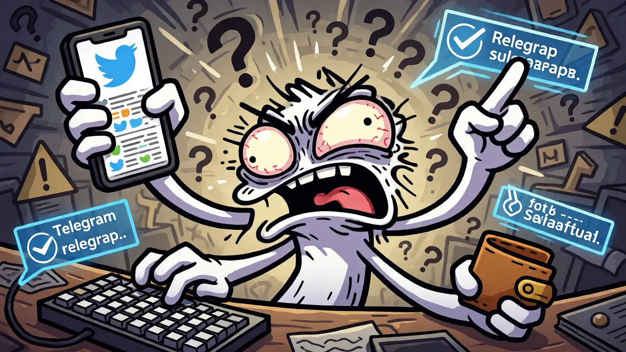Stressed cartoon character juggling social media tasks and referrals to qualify for a crypto airdrop.