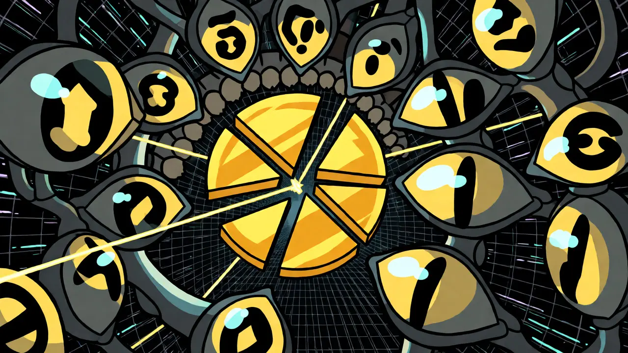 Stylized robotic creature precisely splitting a golden coin into shards to optimize trade routes.