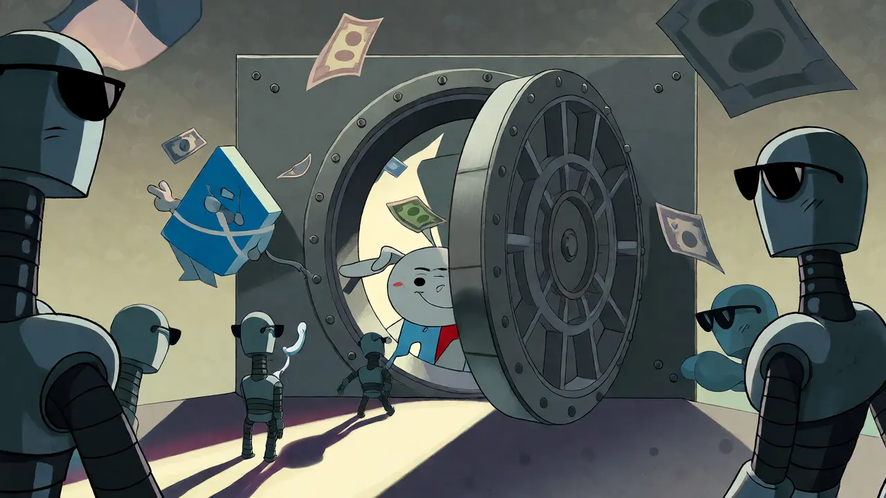 Surreal vault guarded by robots with Alipay and WeChat mascots floating nearby in cartoon style.