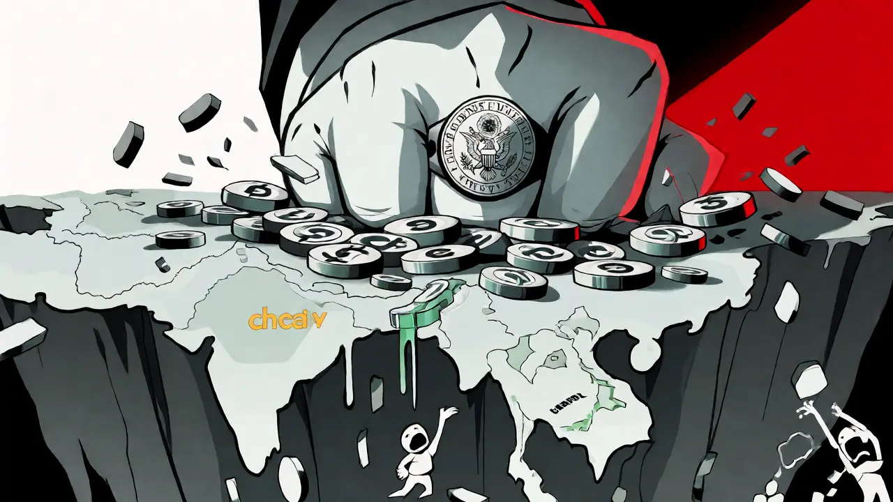 US Treasury hand crushing crypto coins over a melting Southeast Asia map