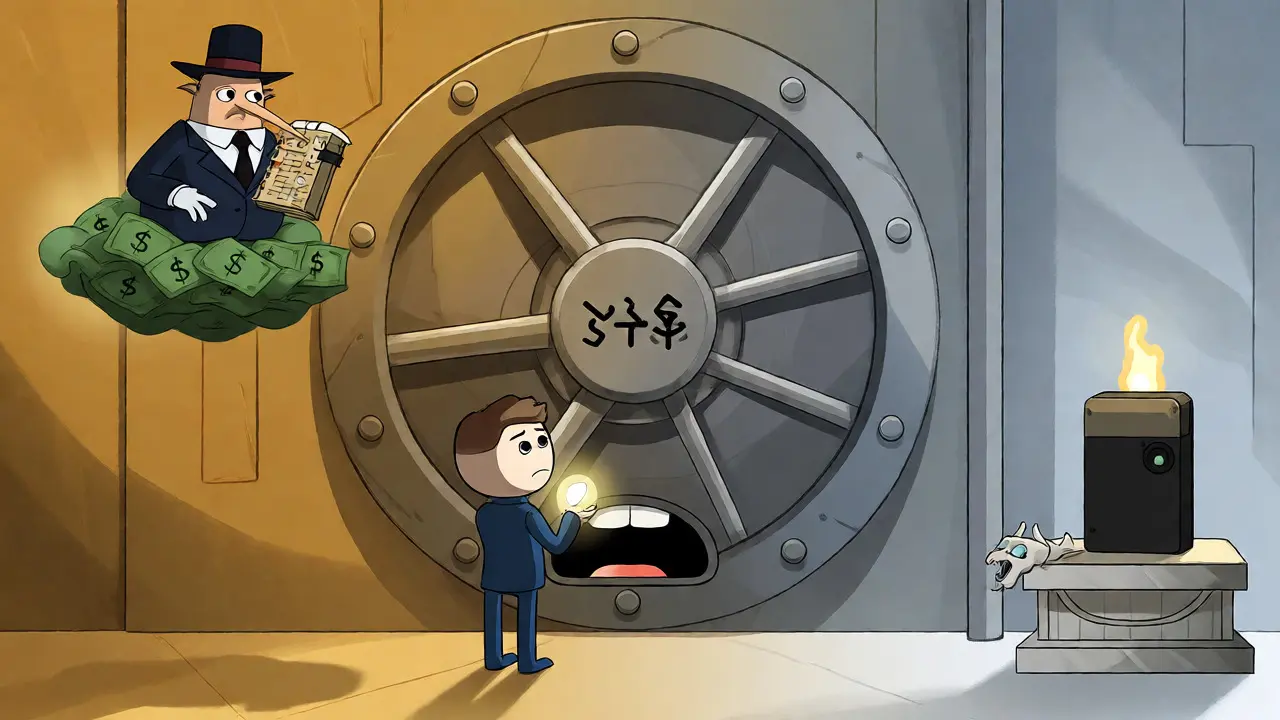 Whimsical illustration of a crypto claim ritual with tax and security themes